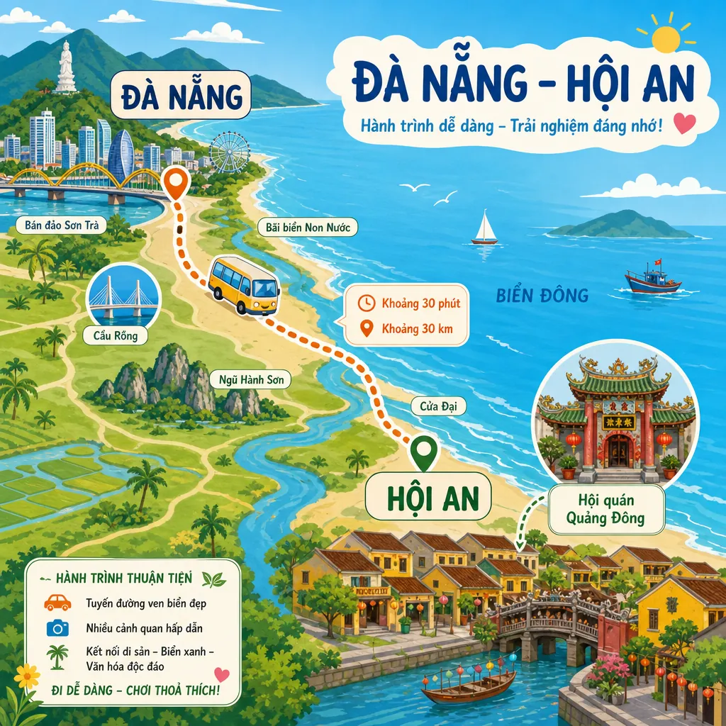 Bản đồ minh họa khoảng cách và tuyến đường di chuyển từ Đà Nẵng đến Hội An để tham quan Hội quán Quảng Đông.