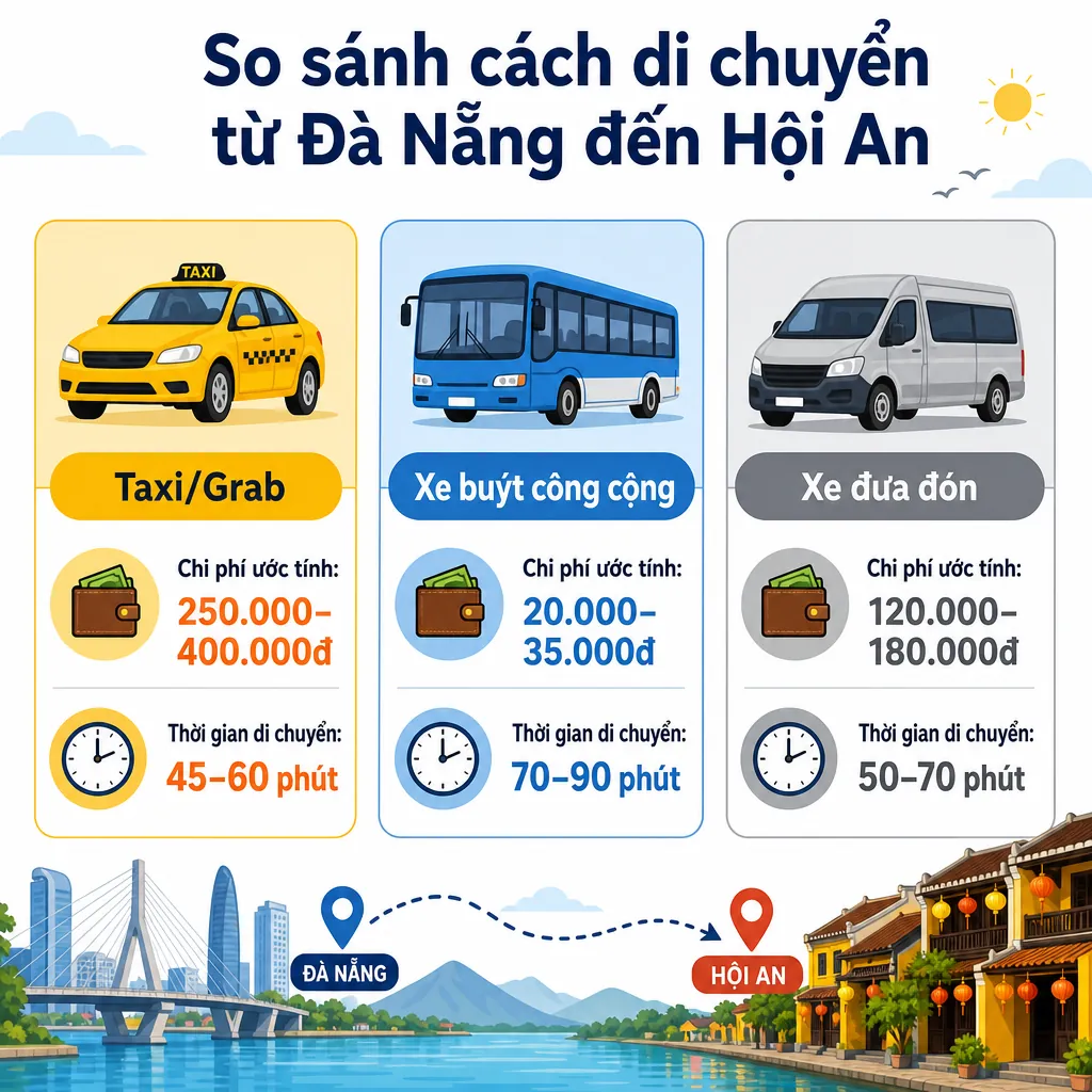 Infographic so sánh các phương tiện di chuyển từ Đà Nẵng đến Hội An gồm taxi, xe buýt và xe đưa đón.