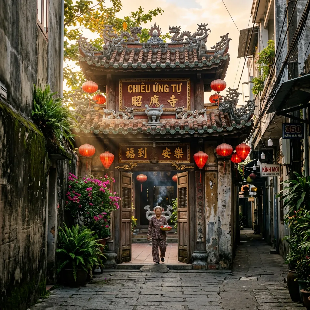 Lối vào cổ kính và yên bình của chùa Chiêu Ứng Tự, một hội quán của người Hoa nằm trong con hẻm nhỏ tại Đà Nẵng.