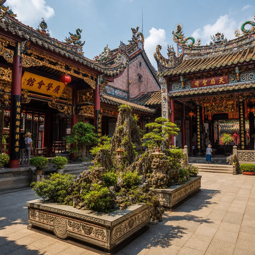 Toàn cảnh sân trong của Hội quán Quảng Đông ở Hội An với kiến trúc bề thế và hòn non bộ tinh xảo.