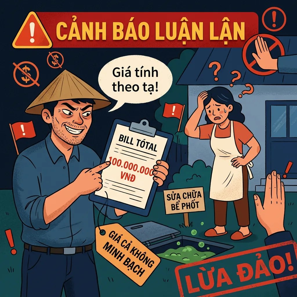 Hình minh họa về các dấu hiệu lừa đảo khi hút hầm cầu, cho thấy một người thợ mờ ám đang cố gắng thu tiền cao.