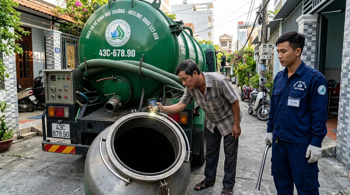 Một người dân đang dùng đèn pin điện thoại kiểm tra bồn chứa của xe hút hầm cầu phải hoàn toàn rỗng trước khi thi công.