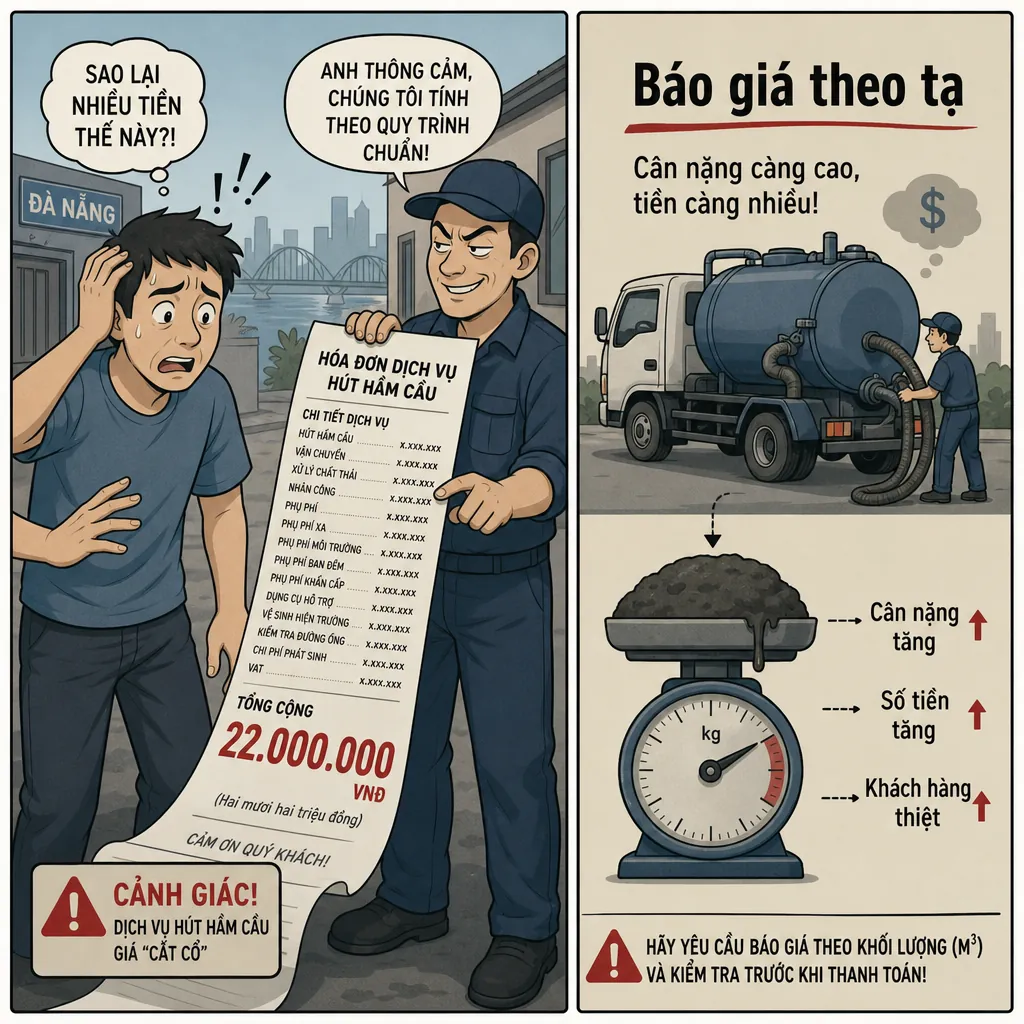 Minh họa chiêu trò lừa đảo hút hầm cầu báo giá theo tạ khiến hóa đơn bị đội lên cao.