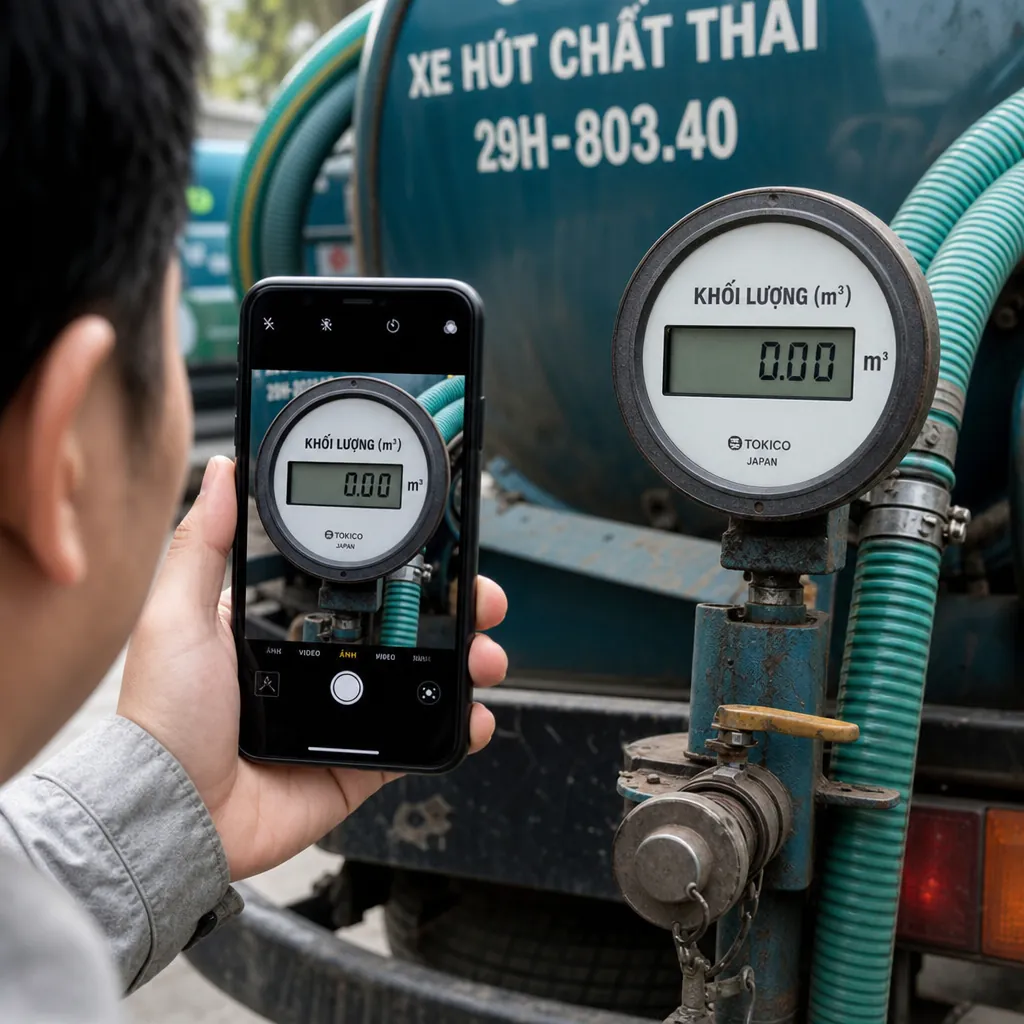 Một khách hàng đang chụp ảnh đồng hồ đo khối lượng trên xe hút hầm cầu để đảm bảo chỉ số đang ở vạch số 0 trước khi làm việc.