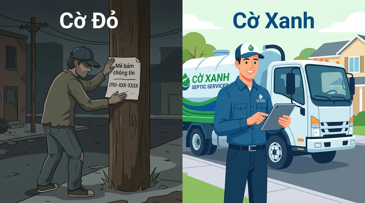 So sánh giữa dịch vụ hút hầm cầu lừa đảo (Cờ Đỏ) và dịch vụ uy tín chuyên nghiệp (Cờ Xanh).