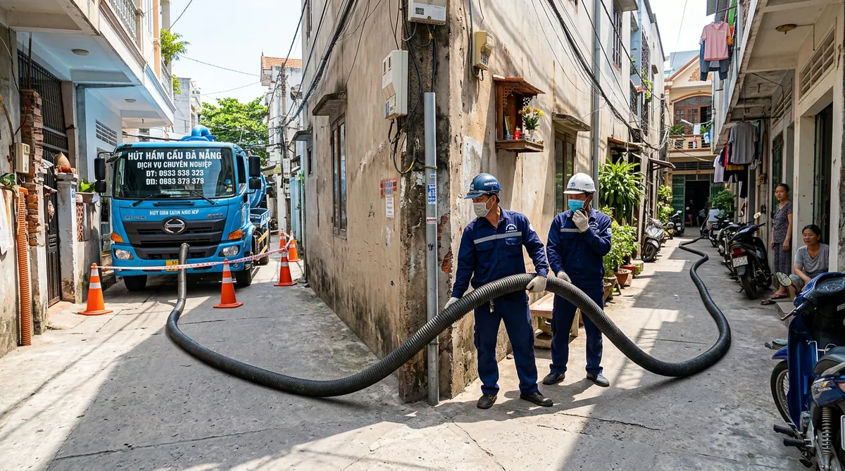 Xe hút hầm cầu chuyên dụng đang kéo đường ống dài vào một con hẻm sâu ở Đà Nẵng để phục vụ một gia đình.