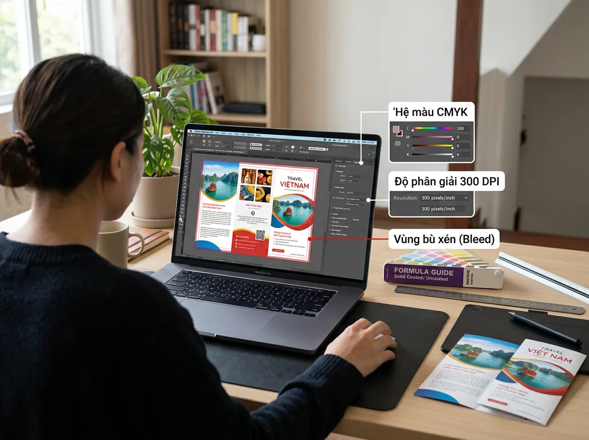 Một nhà thiết kế đang chuẩn bị file in đúng chuẩn với hệ màu CMYK và vùng bù xén.