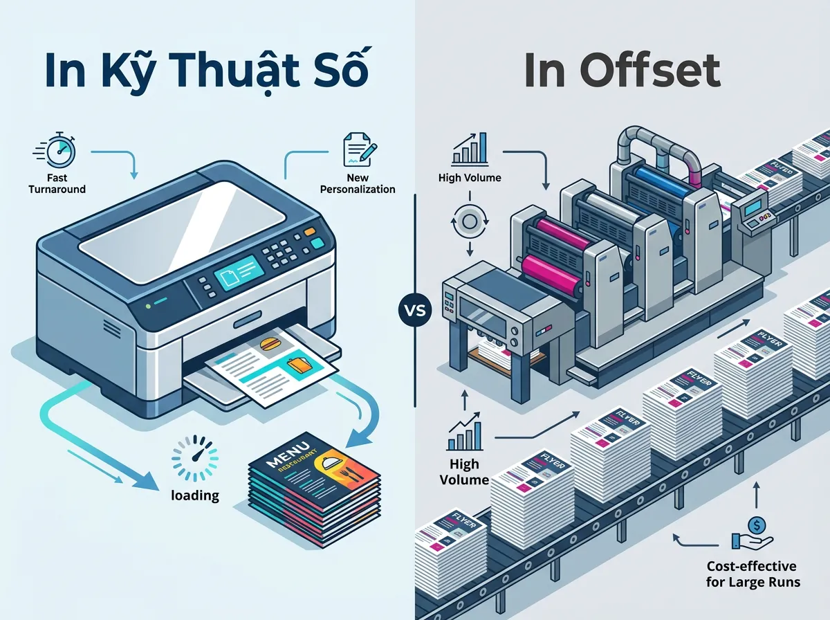 So sánh công nghệ in offset và in kỹ thuật số cho các nhu cầu khác nhau.