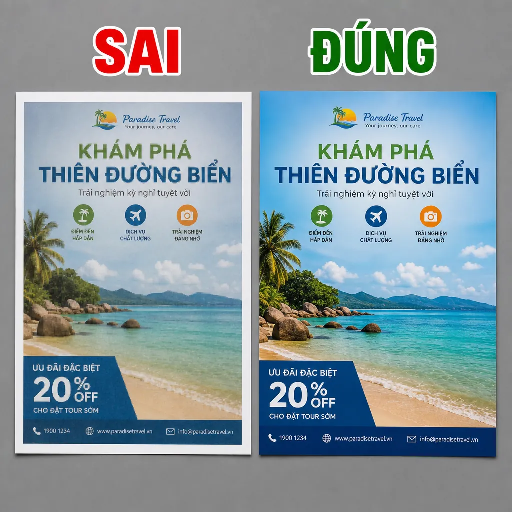 So sánh sản phẩm in bị lỗi (sai hệ màu, vỡ nét, không bù xén) và sản phẩm in đúng chuẩn.