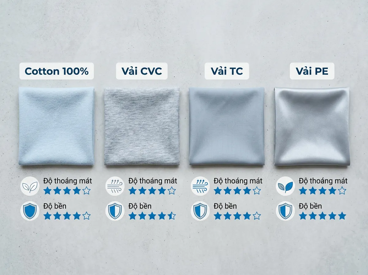 Bảng so sánh trực quan bốn loại vải may áo đồng phục phổ biến: Cotton, CVC, TC, và PE, dựa trên các tiêu chí về độ thoáng mát và độ bền.