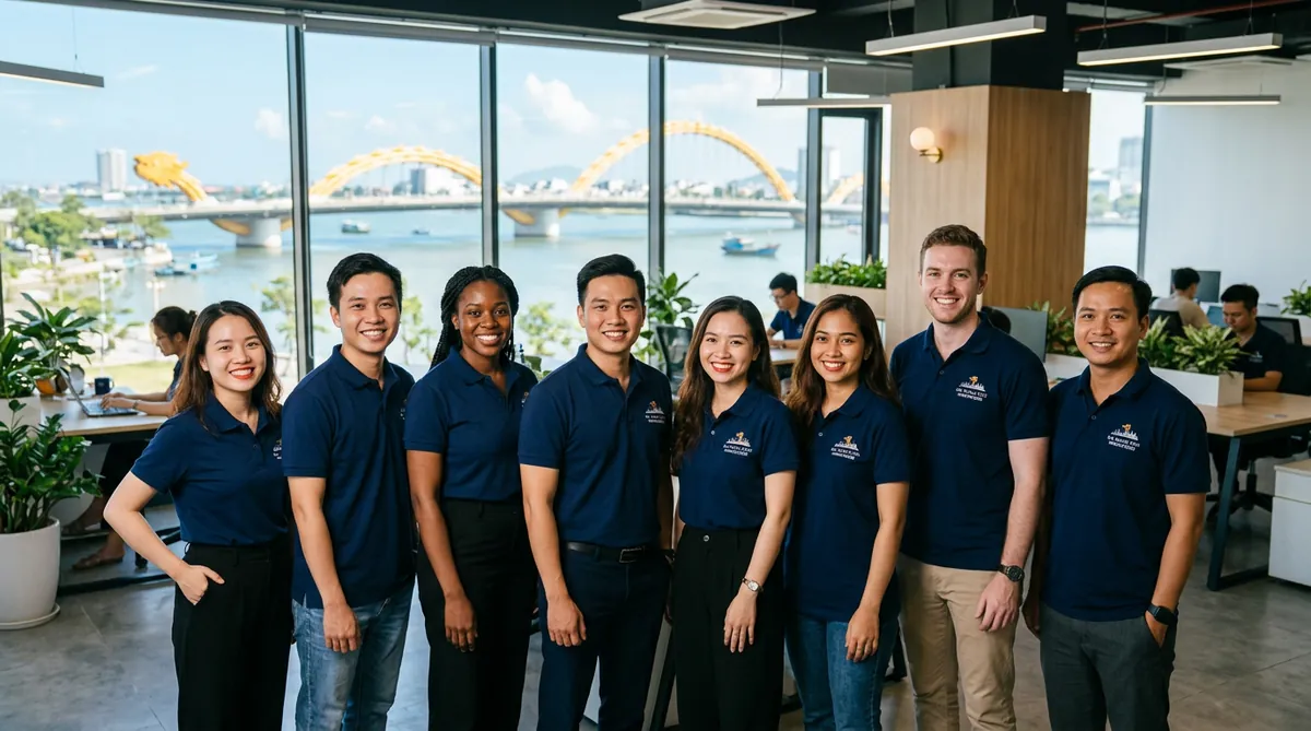 Một đội ngũ nhân viên chuyên nghiệp tại Đà Nẵng đang mặc những chiếc áo đồng phục polo màu xanh navy chất lượng cao, trông rất tự tin và gắn kết.