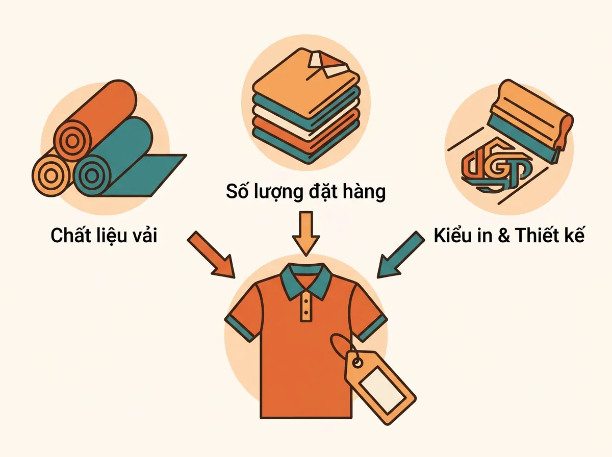 Sơ đồ minh họa ba yếu tố chính ảnh hưởng đến giá in áo đồng phục: chất liệu vải, số lượng đặt hàng, và độ phức tạp của kiểu in và thiết kế.