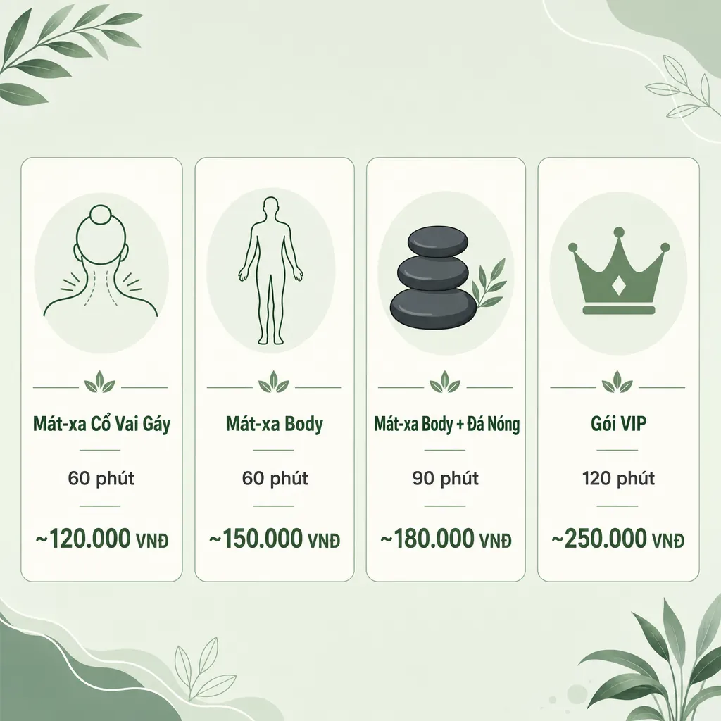 Bảng giá tham khảo các gói dịch vụ tại massage Tây Thi Đà Nẵng, bao gồm massage cổ-vai-gáy, body trị liệu, body đá nóng và phòng VIP.