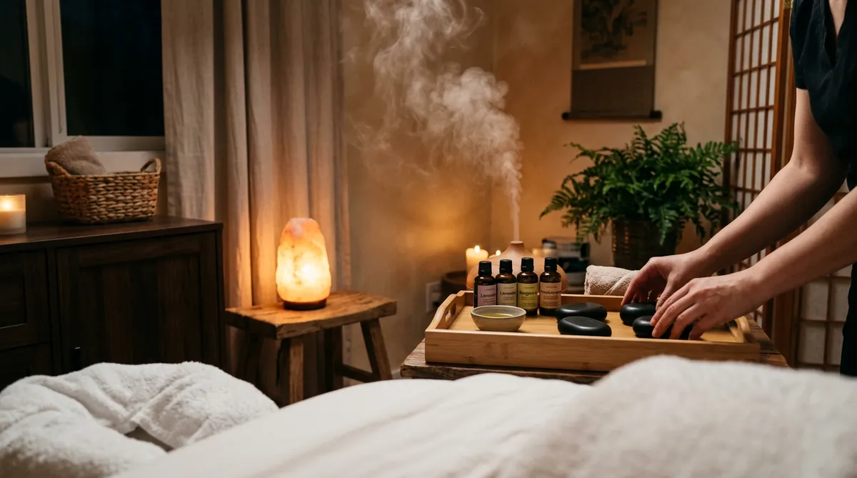 Không gian một phòng massage yên tĩnh với ánh sáng ấm, tinh dầu và không khí thư giãn.