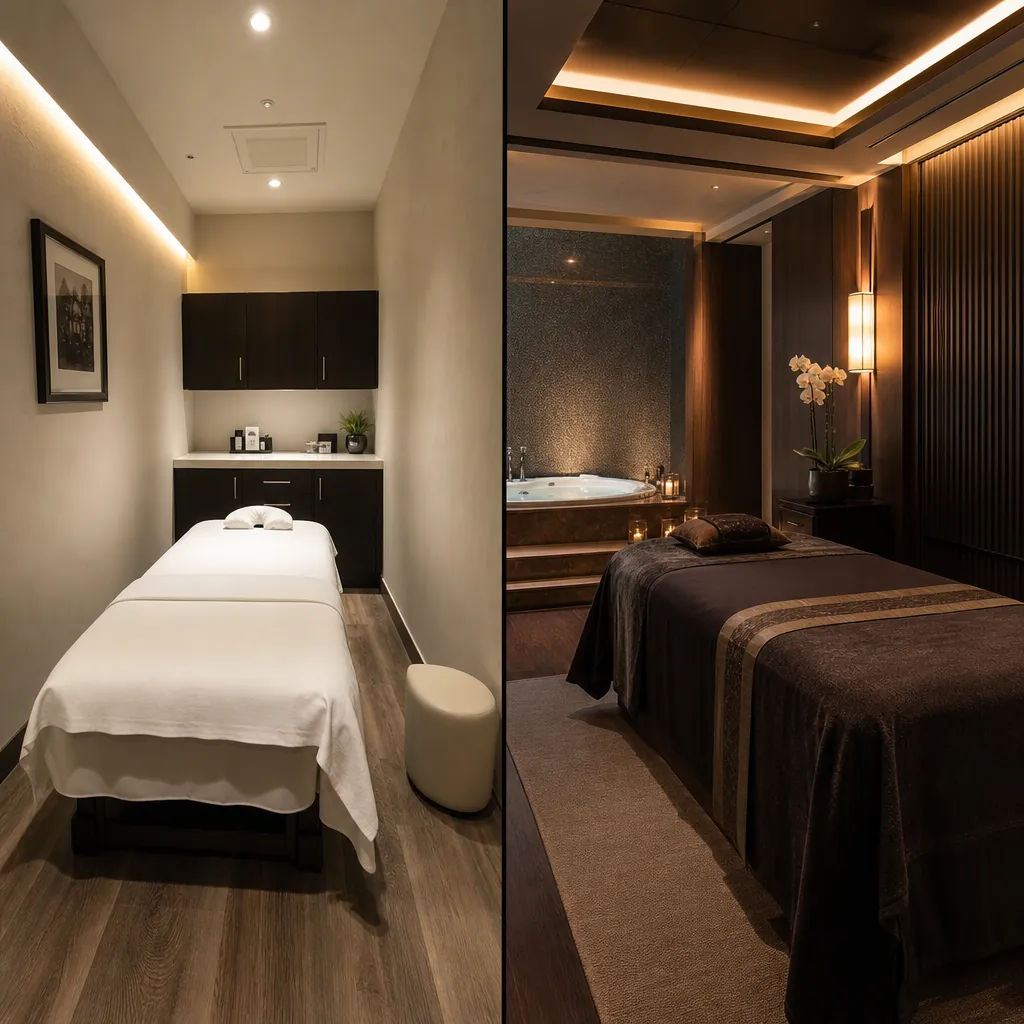 So sánh không gian giữa phòng massage thường và phòng VIP tại một cơ sở massage.