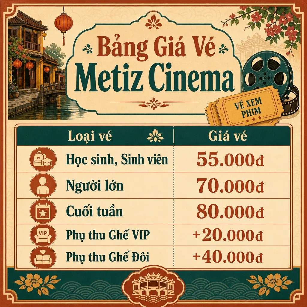 Bảng giá vé rạp Metiz Cinema Đà Nẵng được trình bày dưới dạng infographic, bao gồm giá cho học sinh, sinh viên, người lớn, cuối tuần và các loại phụ thu.