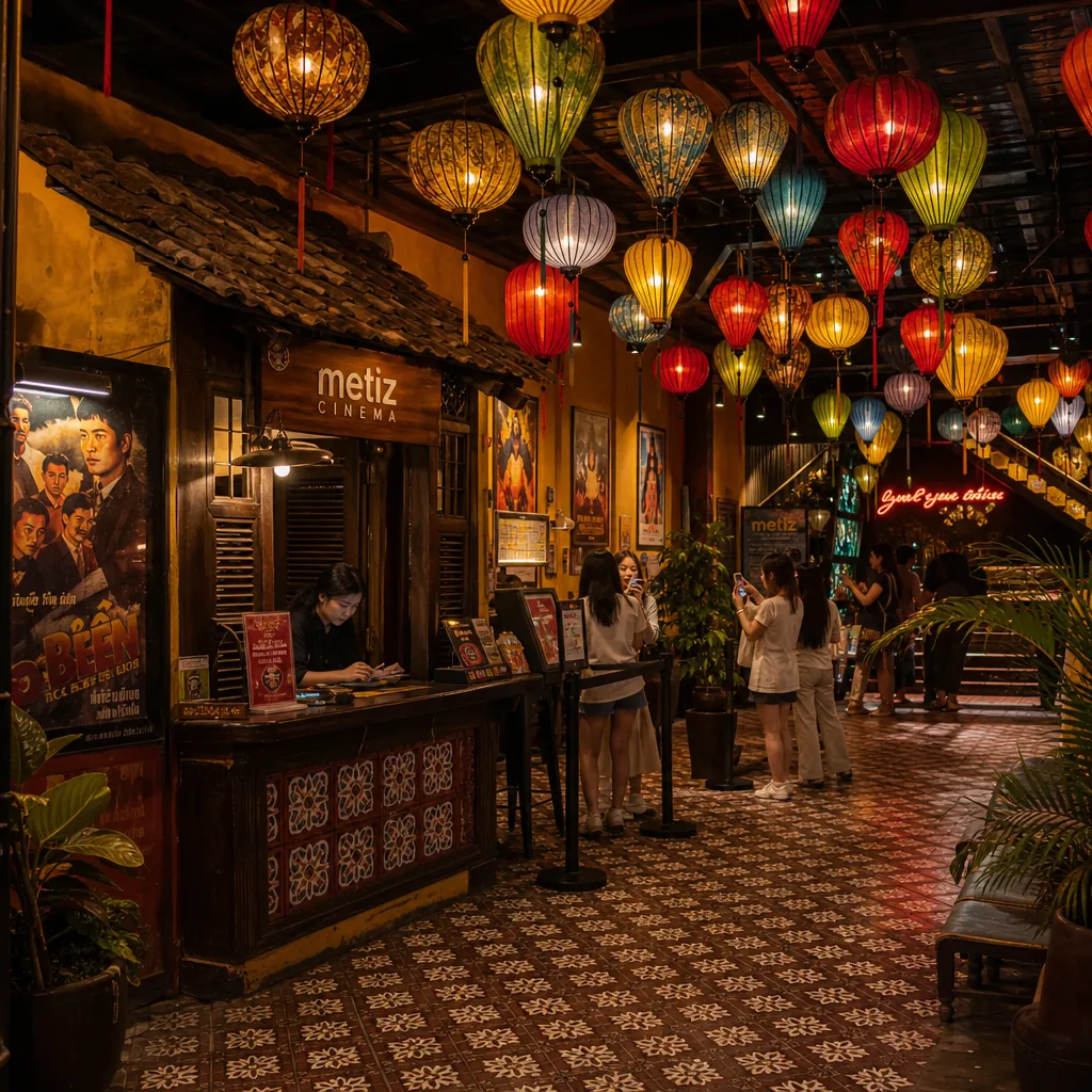 Không gian sảnh chờ của Metiz Cinema Đà Nẵng được trang trí lộng lẫy theo phong cách hoài cổ Hội An với rất nhiều đèn lồng sặc sỡ.