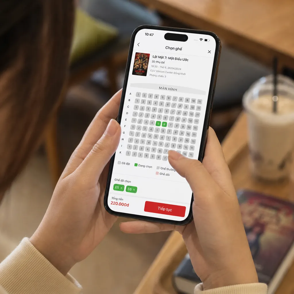 Một người đang dùng điện thoại để đặt vé xem phim online tại Metiz Cinema, màn hình hiển thị sơ đồ phòng chiếu để chọn ghế.