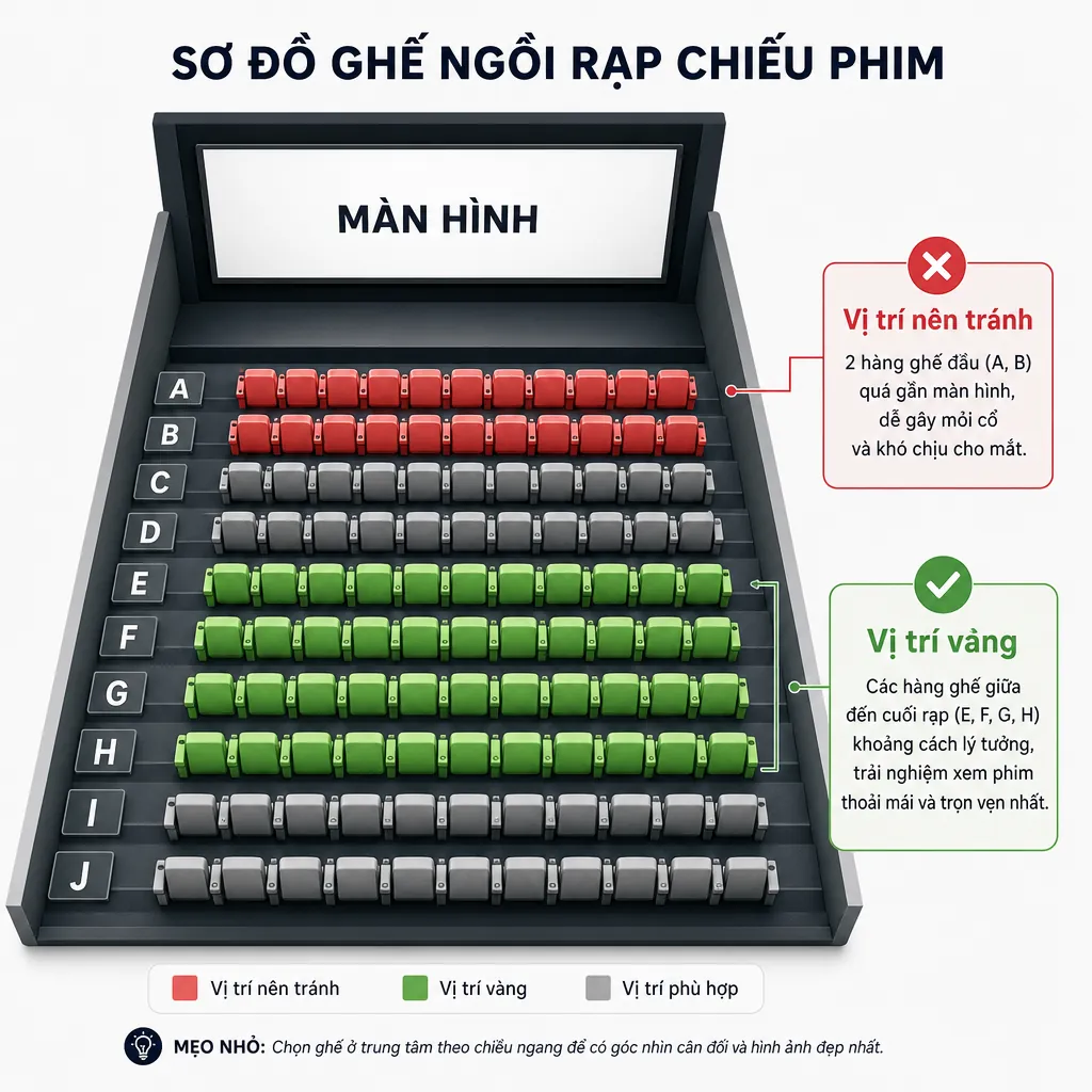 Sơ đồ phòng chiếu phim minh họa các vị trí ngồi tốt nhất (hàng E trở đi) được tô màu xanh và vị trí nên tránh (hàng ghế đầu) được tô màu đỏ.