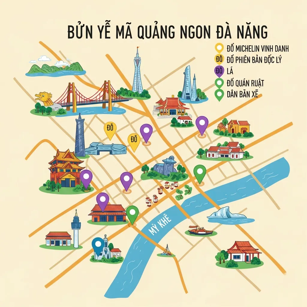 Bản đồ ẩm thực Đà Nẵng với các địa điểm quán mì Quảng ngon được phân loại theo màu sắc.