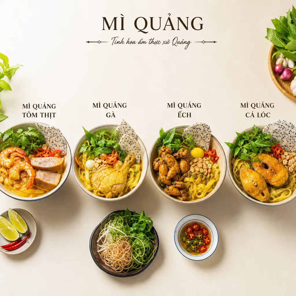 Bốn tô mì Quảng với các loại nhân phổ biến: tôm thịt, gà, ếch, và cá lóc được đặt cạnh nhau.
