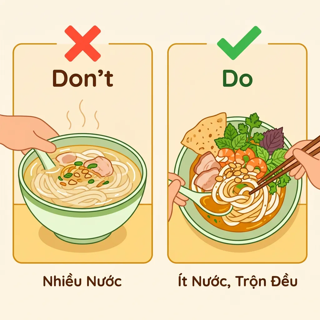 Hình minh họa lỗi sai khi ăn mì Quảng: tô mì không nên đầy nước mà là mì trộn với ít nước dùng đậm đặc.
