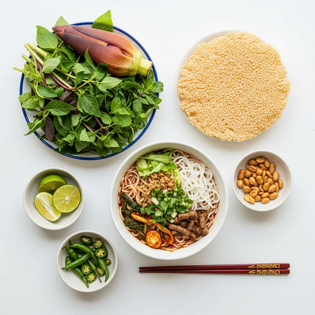 Hướng dẫn các bước ăn mì Quảng đúng điệu với rau sống, chanh, ớt, đậu phộng và bánh tráng.