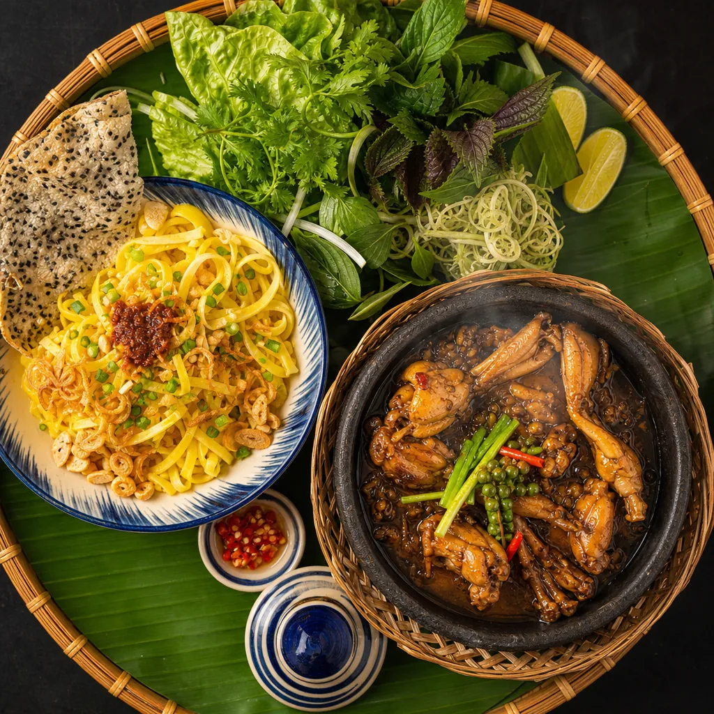 Mì Quảng ếch Bếp Trang được trình bày trên mẹt tre với thố đá nóng hổi, một phiên bản độc đáo và hấp dẫn.