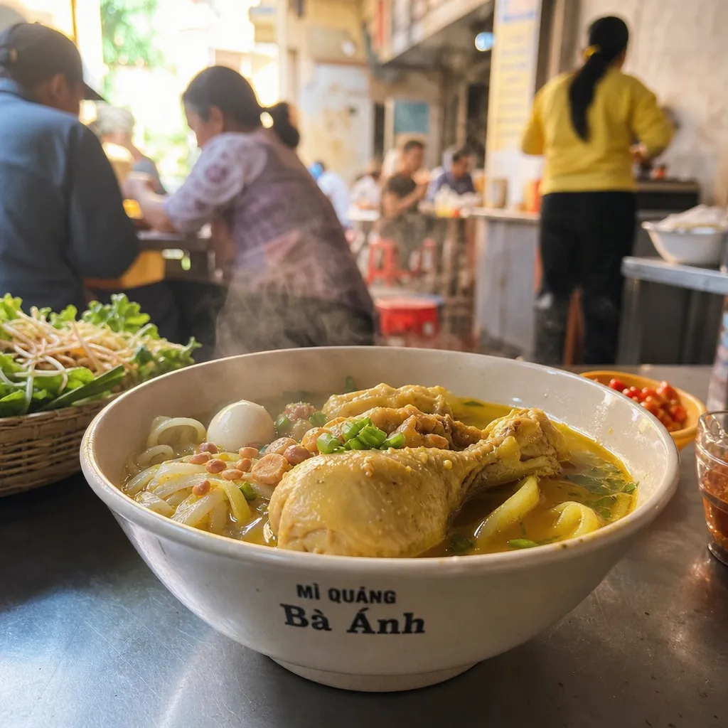 Tô mì Quảng gà tại quán Bà Ánh, một quán ăn địa phương đông đúc vào buổi sáng.