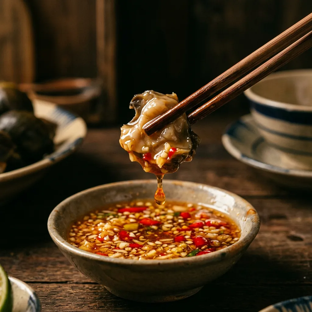 Một miếng thịt ốc lễ được chấm ngập trong chén nước mắm gừng sả cay nồng, trông vô cùng hấp dẫn.