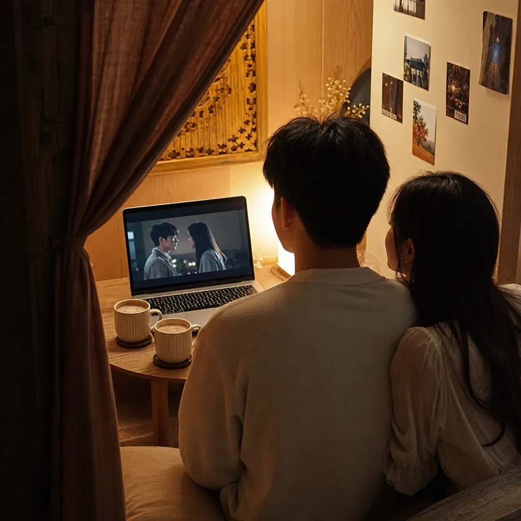 Cặp đôi đang ngồi trong cabin riêng tại một quán cà phê 24/7, cùng nhau xem phim trên laptop.