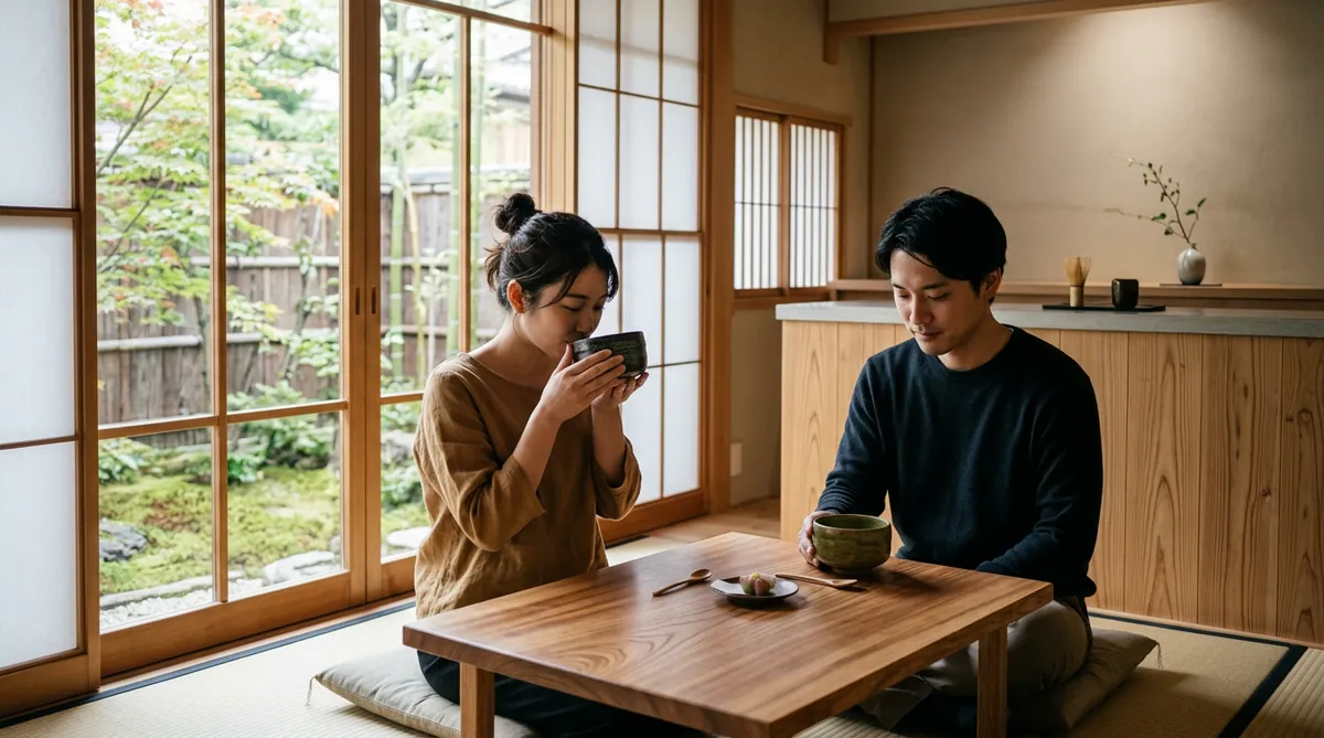 Không gian thanh tịnh và tối giản đậm chất Nhật Bản tại một quán trà matcha.