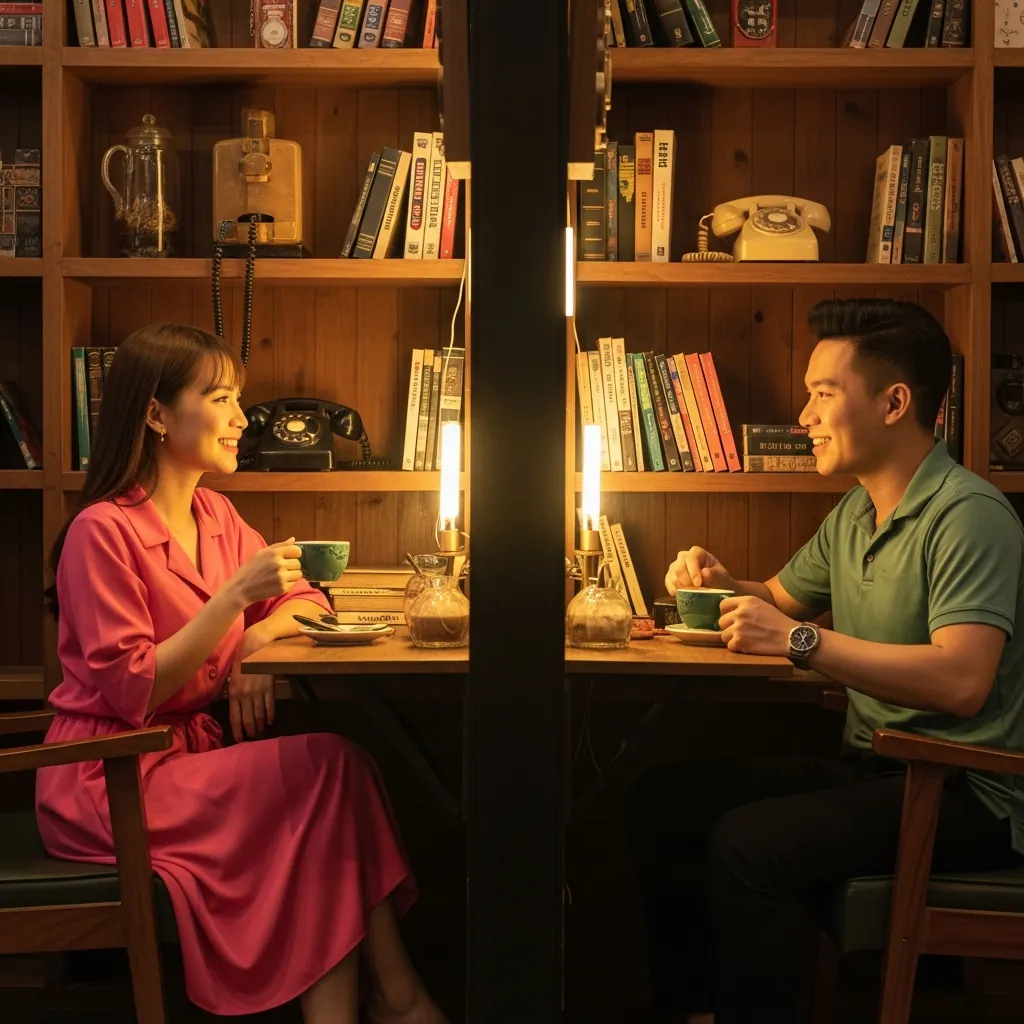Một cặp đôi đang hẹn hò trong một quán cà phê phong cách retro ấm cúng ở Đà Nẵng.