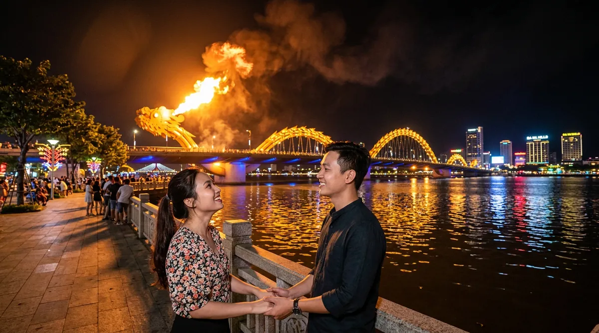 Một cặp đôi đang ngắm Cầu Rồng phun lửa vào buổi tối ở Đà Nẵng, một phần của lịch trình hẹn hò lãng mạn.