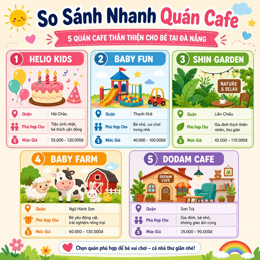 Bảng so sánh 5 quán cafe có khu vui chơi cho trẻ em tại Đà Nẵng, bao gồm các tiêu chí về quận, độ phù hợp và mức giá.