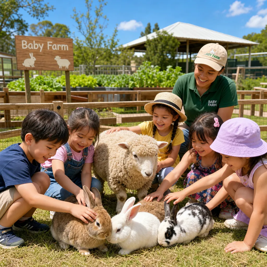 Các em bé đang vui vẻ trải nghiệm, cho thỏ và cừu ăn tại nông trại Baby Farm ở Đà Nẵng.