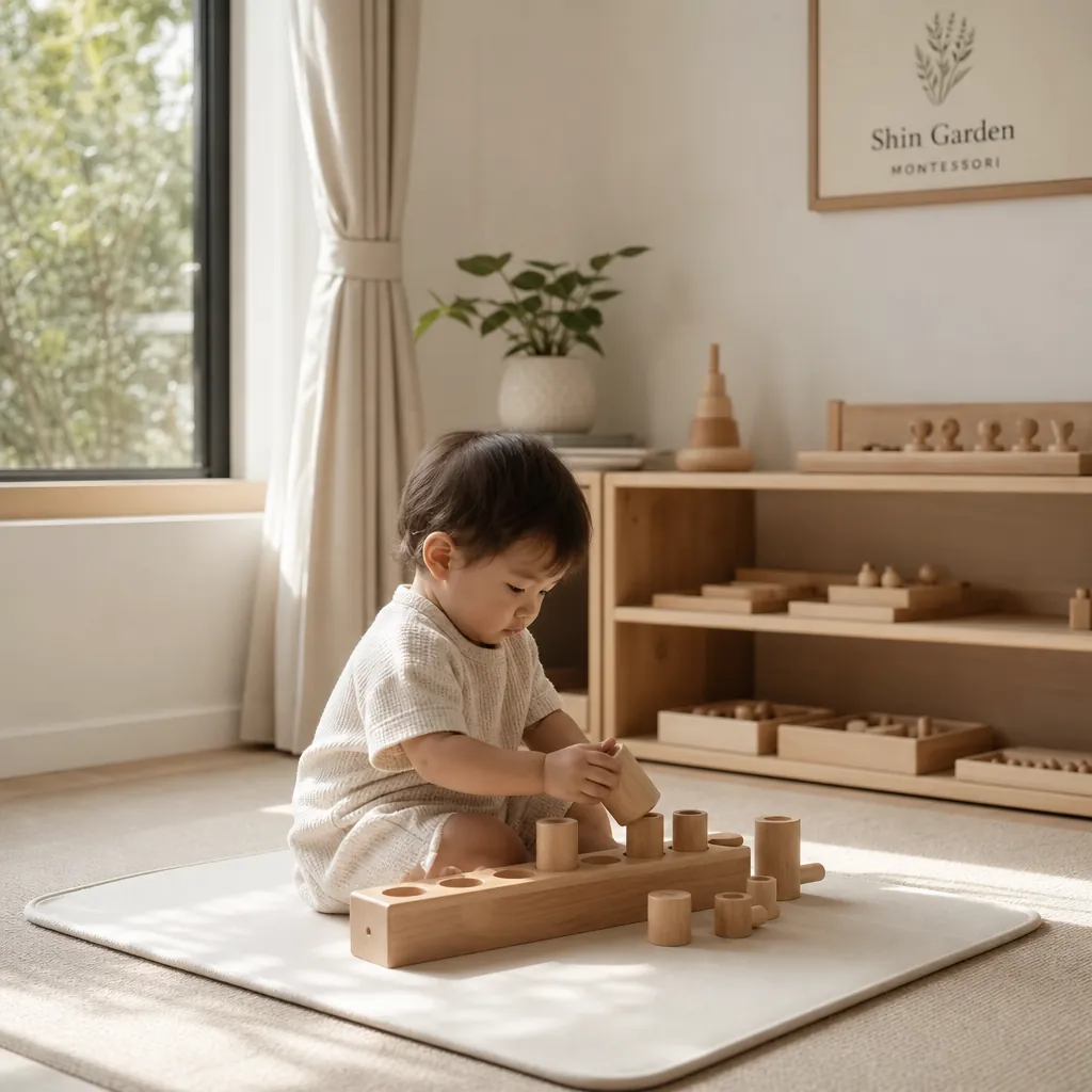 Góc chơi Montessori yên tĩnh với đồ chơi gỗ an toàn cho bé nhỏ tại Shin Garden.