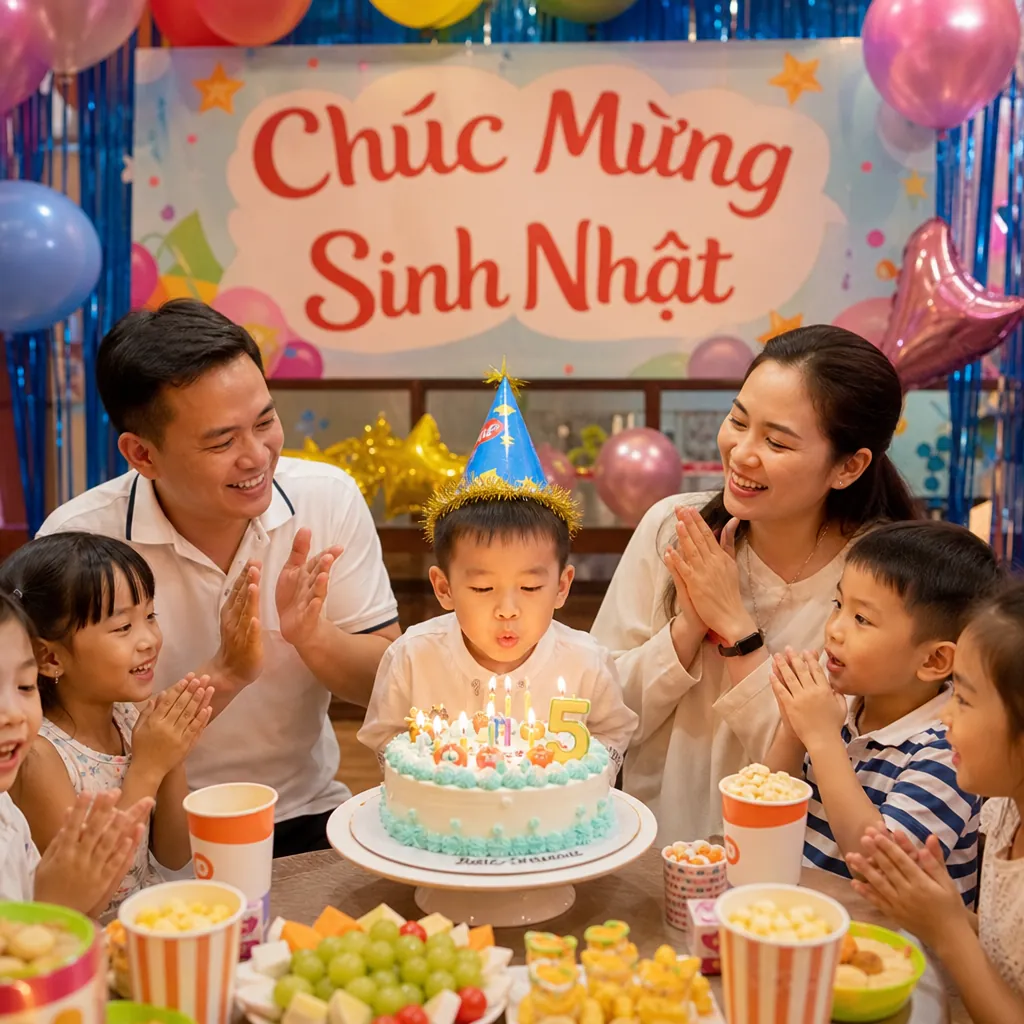 Một em bé đang thổi nến trong bữa tiệc sinh nhật được trang trí đẹp mắt tại quán cafe có khu vui chơi.