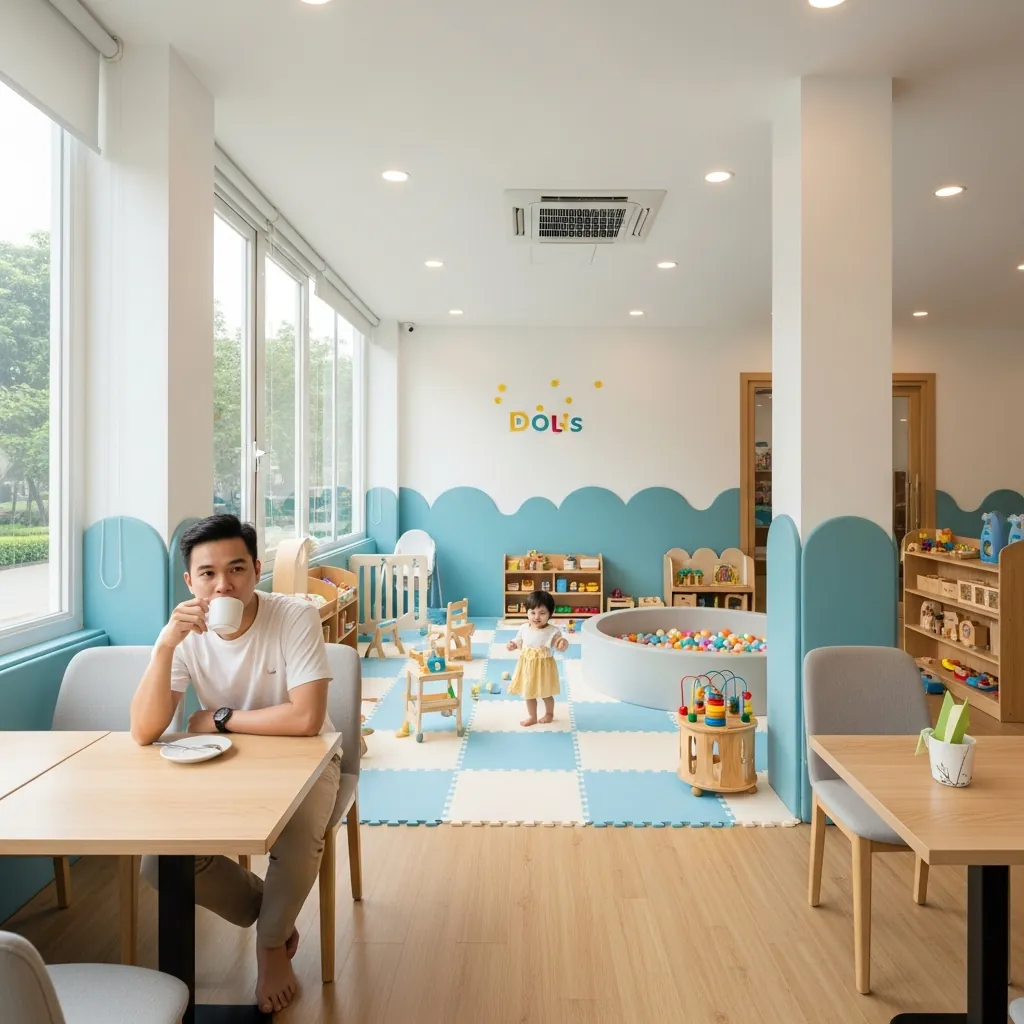 Một phụ huynh ngồi uống cafe và dễ dàng quan sát con mình đang chơi trong khu vui chơi an toàn và sạch sẽ.
