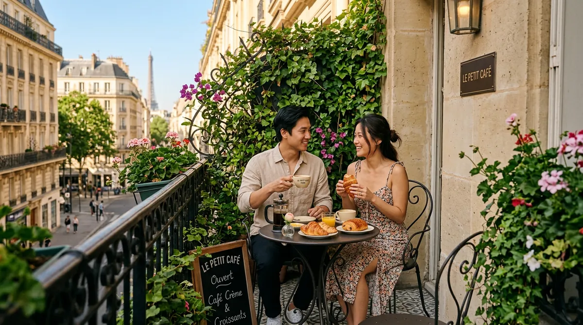 Cặp đôi đang tận hưởng không gian yên tĩnh và lãng mạn trên ban công riêng tại Le Petit Cafe.