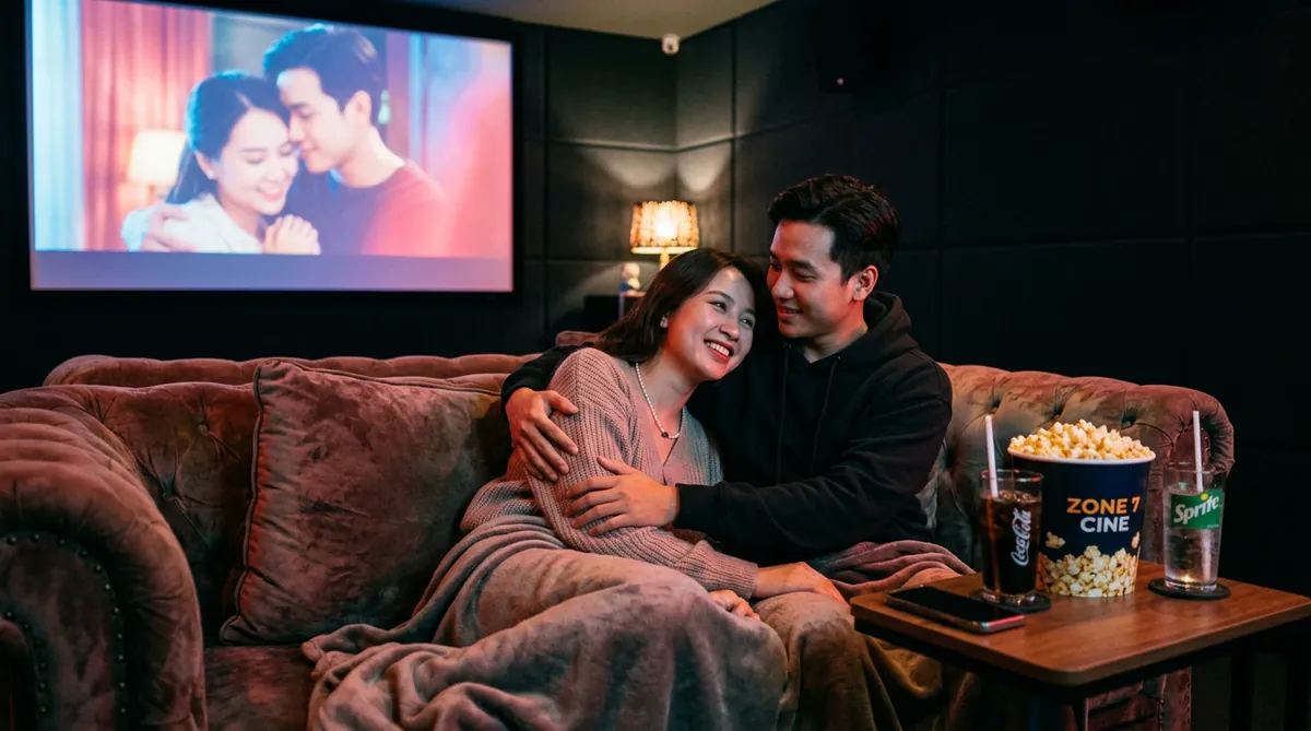 Cặp đôi đang xem phim trong một phòng chiếu riêng tư tại cafe phim Zone 7 Cine.