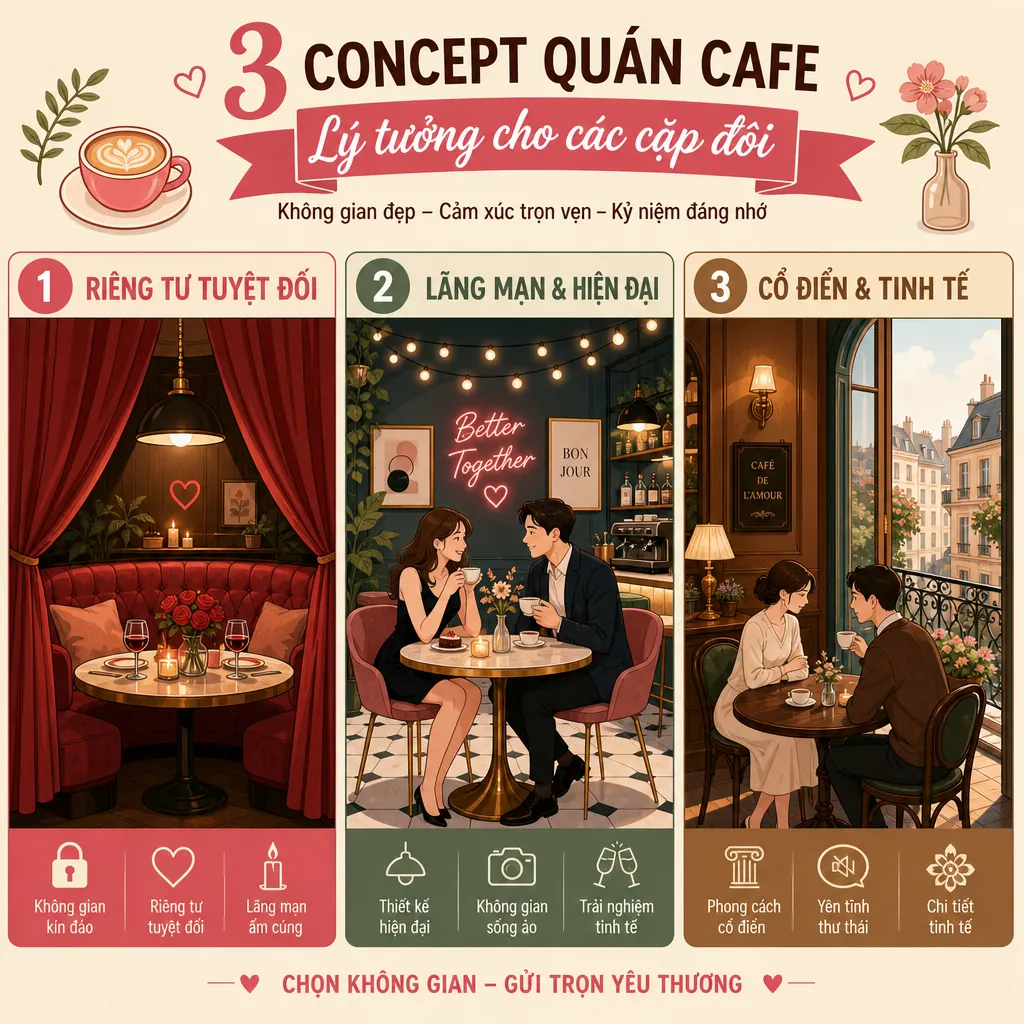 Infographic so sánh 3 loại hình quán cafe riêng tư cho cặp đôi tại Đà Nẵng.