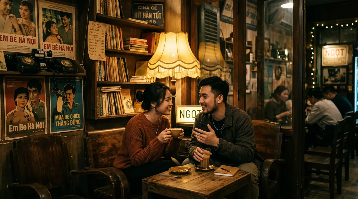 Không gian hoài cổ, ấm cúng và riêng tư bên trong Ngọt Cafe với ánh đèn vàng và đồ trang trí cũ.
