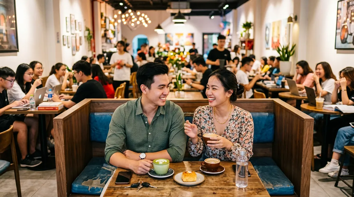 Không gian trẻ trung và năng động tại Zone Six Cafe, một cặp đôi đang trò chuyện vui vẻ trong góc riêng.