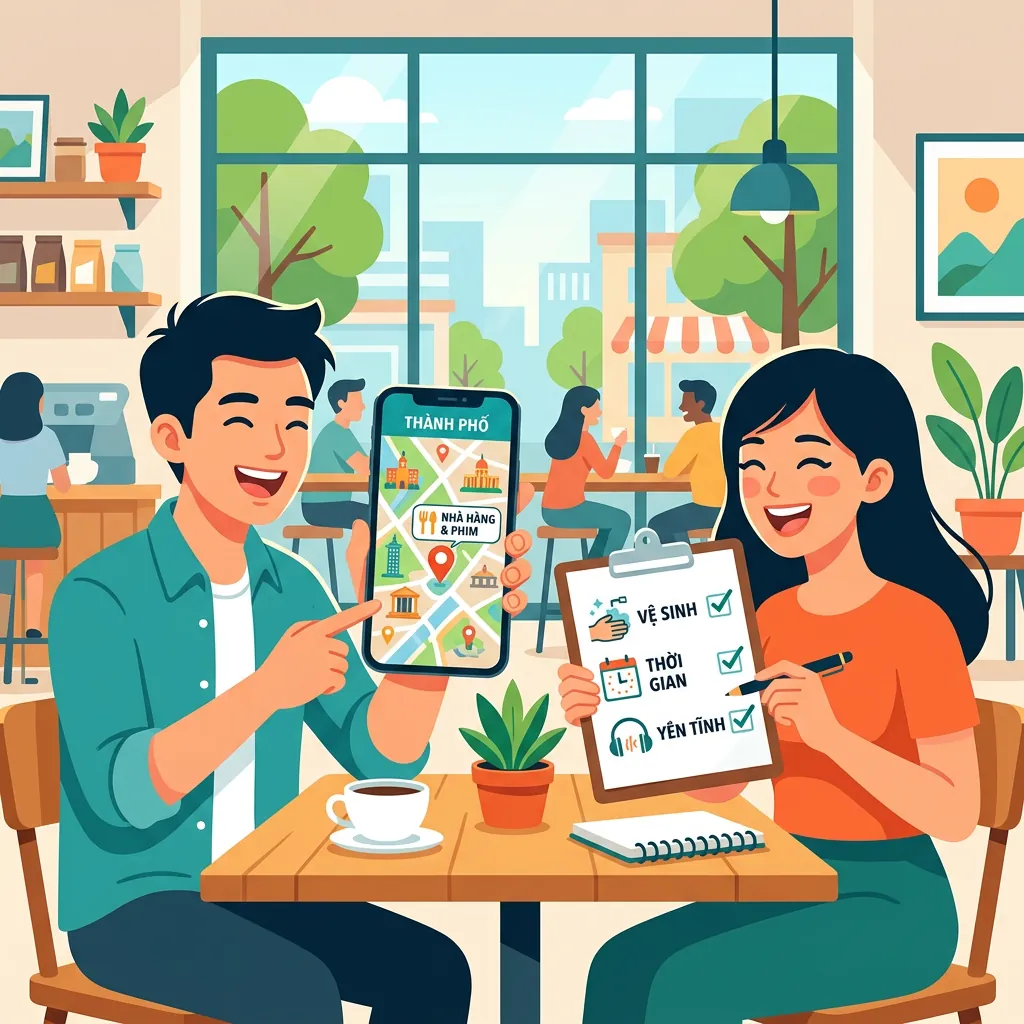 Minh họa cặp đôi đang lên kế hoạch cho buổi hẹn hò với một danh sách các tiêu chí quan trọng.