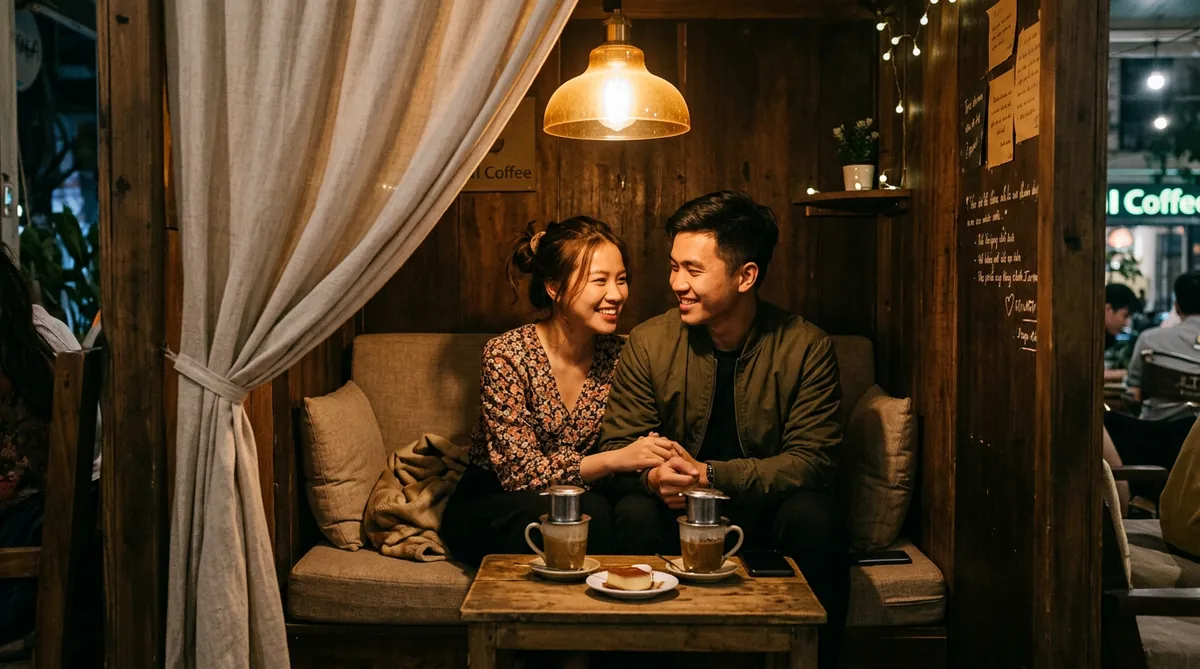Một cặp đôi đang ngồi trong cabin riêng có rèm che tại I Coffee, không gian ấm cúng và riêng tư.