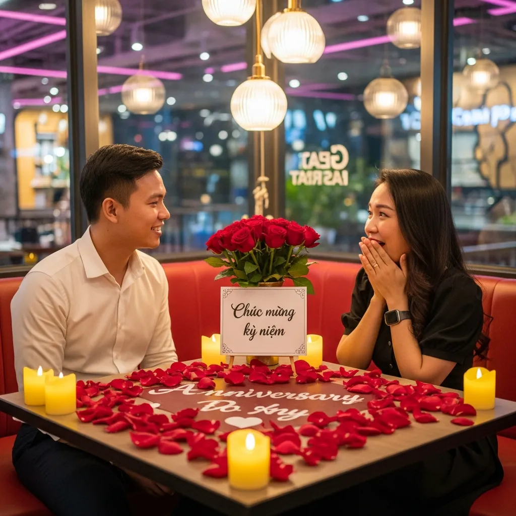 Một góc quán cafe được trang trí lãng mạn cho dịp kỷ niệm với nến, hoa hồng và bảng ghi 'Chúc mừng kỷ niệm'.