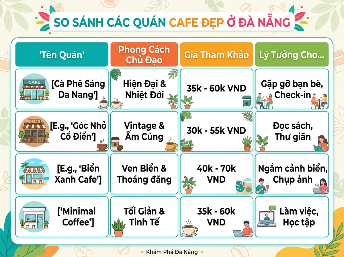 Bảng so sánh nhanh các quán cafe thiên đường nổi bật tại Đà Nẵng về phong cách, giá cả và điểm đặc trưng.