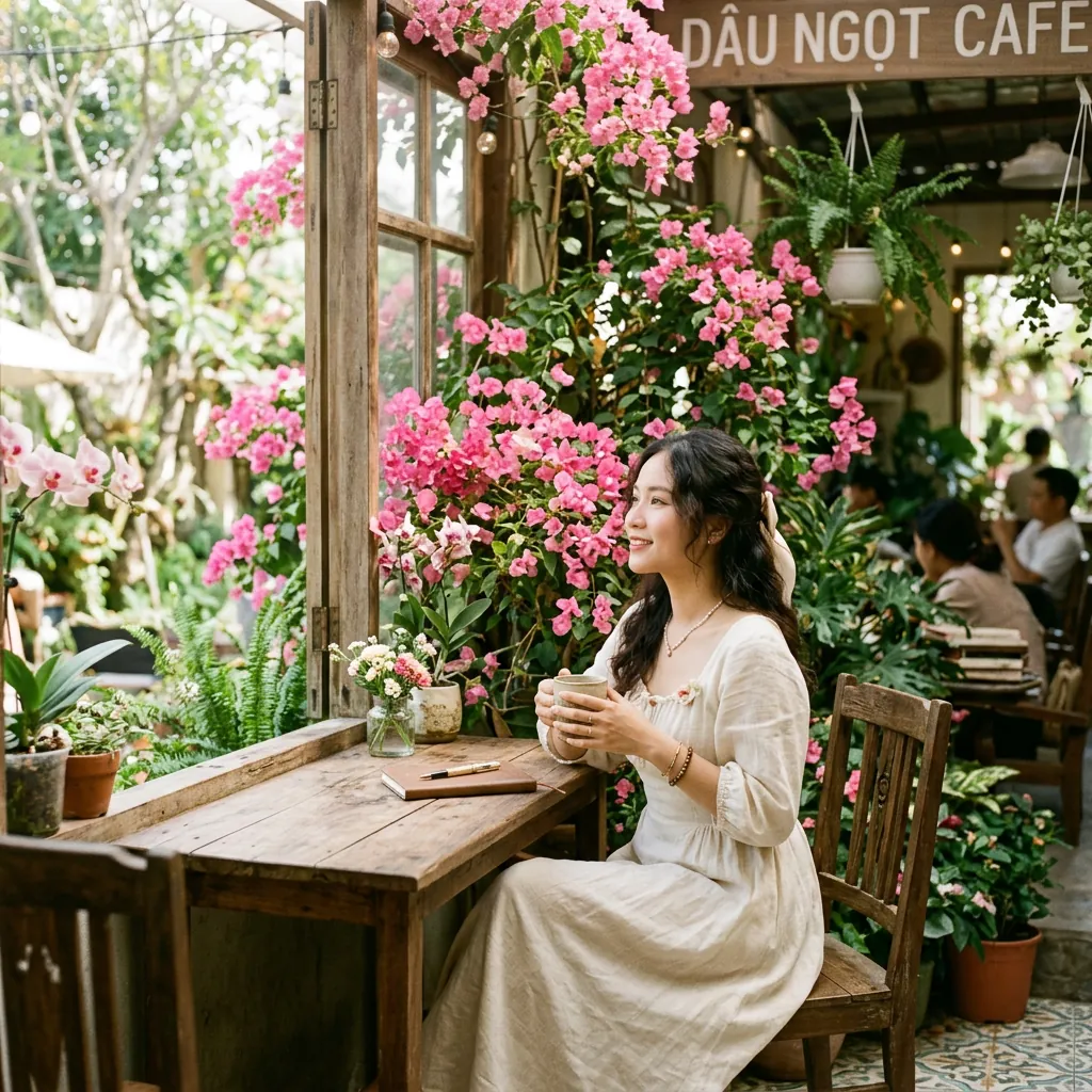 Một góc vườn thơ mộng ngập tràn hoa lá tại quán cà phê Dâu Ngọt ở Đà Nẵng.