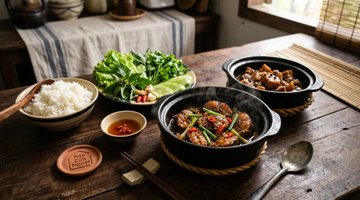 Bữa cơm nhà ấm cúng tại quán Bếp Của Ngoại với món cá lóc kho tộ và thịt kho tiêu.